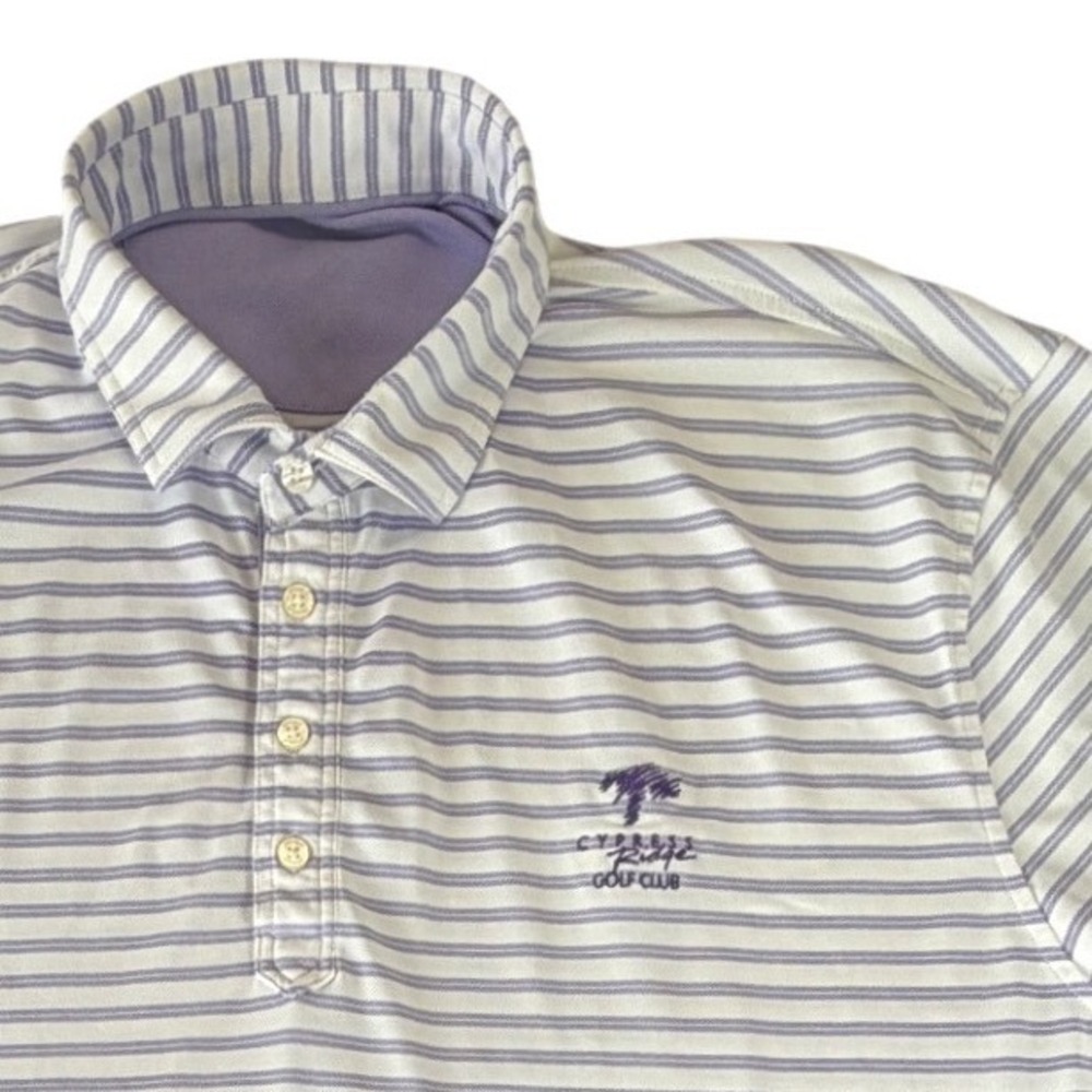Johnnie-O Mens Cypress Ridge Golf Club Striped Polo Shirt Purple White 2XL
